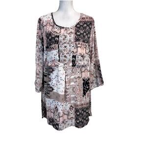 Figuerca & Flower Blouse Tunic Plus size 2X Pink Blue Floral Peasant Boho Modest